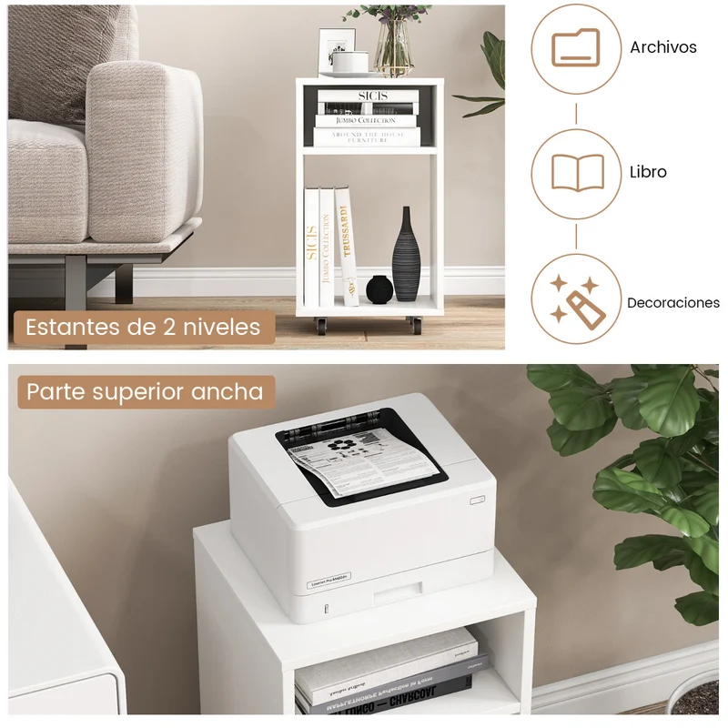 Arquivo Vertical Móvel com 2 Prateleiras Abertas e Suporte para Impressora 33 x 30 x 58 cm Branco