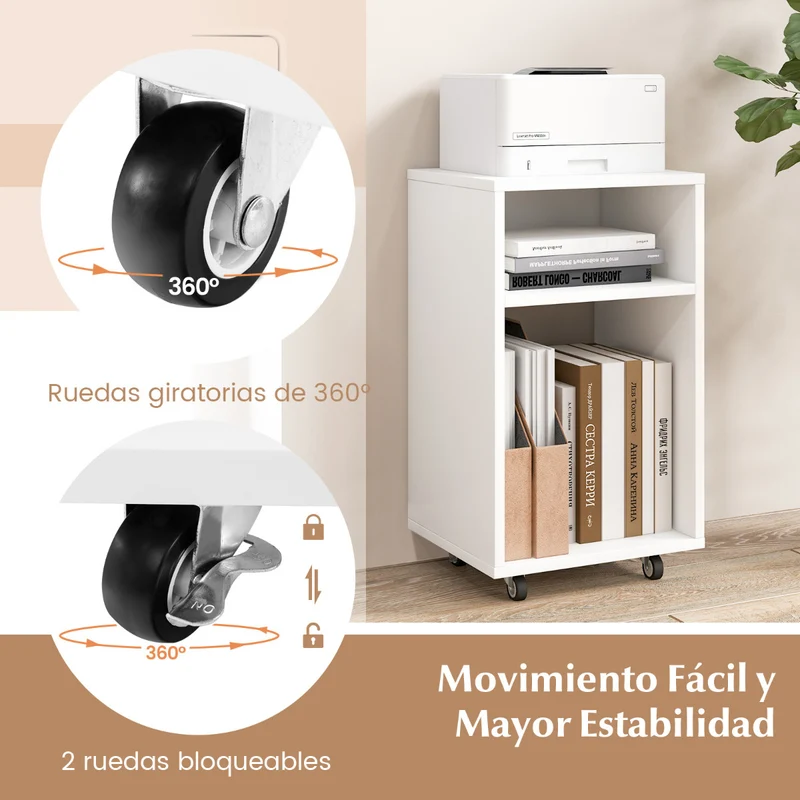 Arquivo Vertical Móvel com 2 Prateleiras Abertas e Suporte para Impressora 33 x 30 x 58 cm Branco