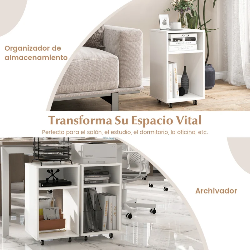 Arquivo Vertical Móvel com 2 Prateleiras Abertas e Suporte para Impressora 33 x 30 x 58 cm Branco