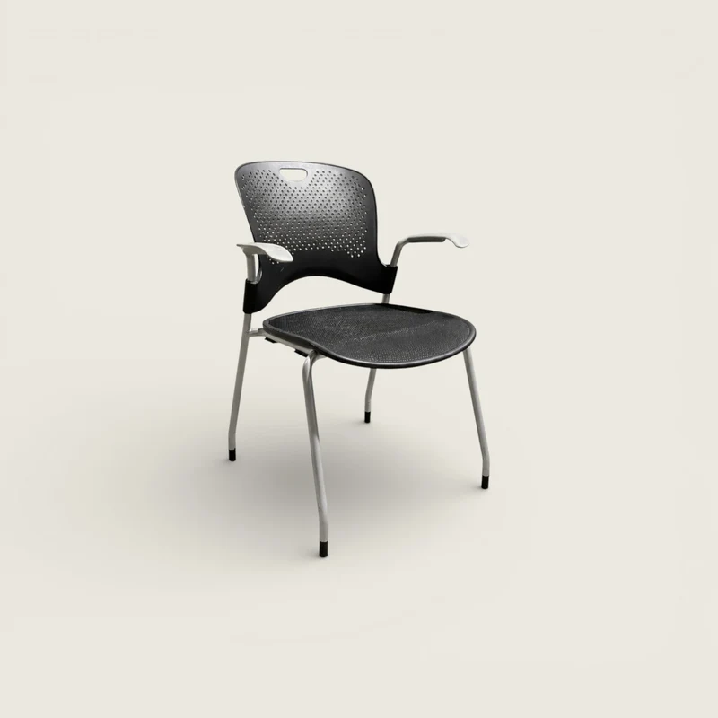 Herman Miller: Caper Stacking Chair - Plastic Black Back with Black Mesh Seat and Grey Arms⁠ - Refurbished