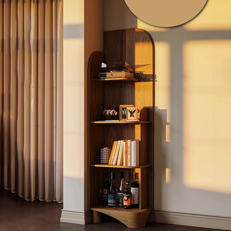 Modern Minimalist Solid Black Walnut & Plywood Rounded Corner Bookshelf With 4 Tiers For Living Room And Home Office