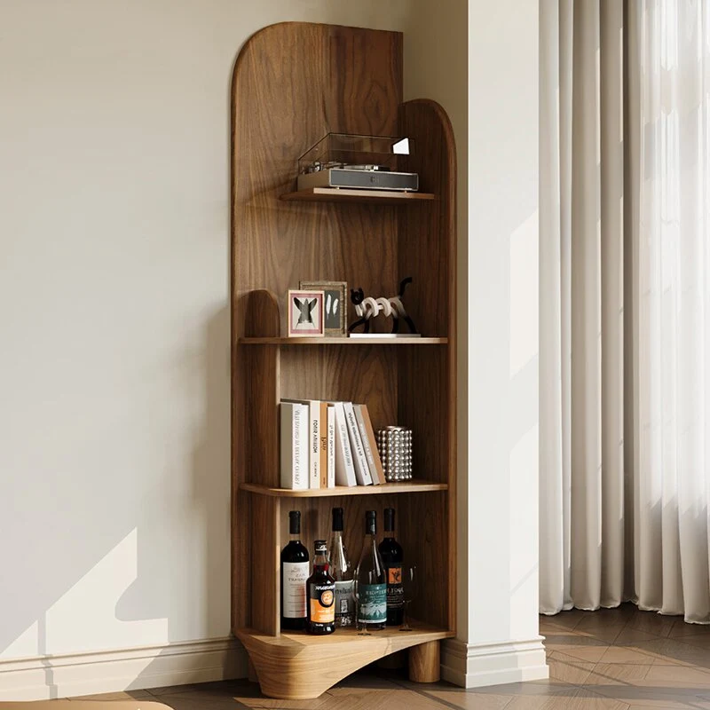 Modern Minimalist Solid Black Walnut & Plywood Rounded Corner Bookshelf With 4 Tiers For Living Room And Home Office
