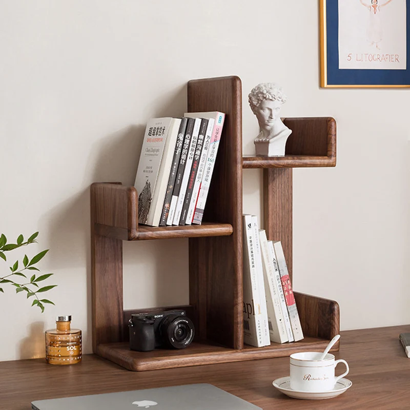 Contemporary Nordic Solid Wood Irregular Rectangular Desktop Bookshelf With 3-Tier Storage For Home Office & Bedroom