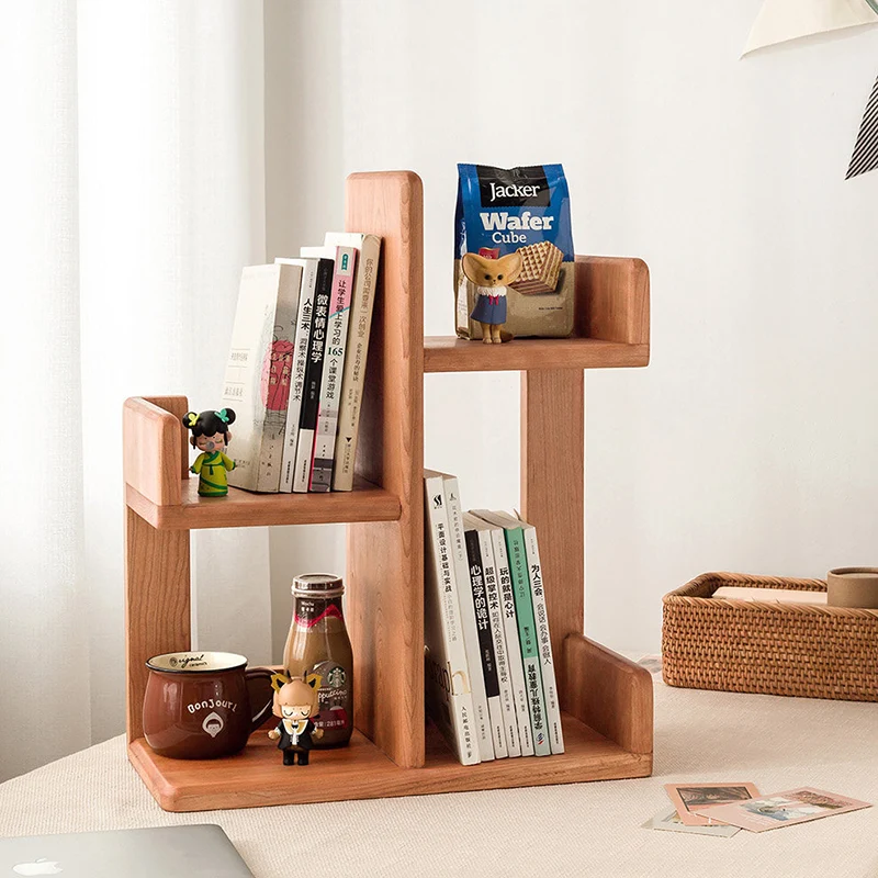Contemporary Nordic Solid Wood Irregular Rectangular Desktop Bookshelf With 3-Tier Storage For Home Office & Bedroom
