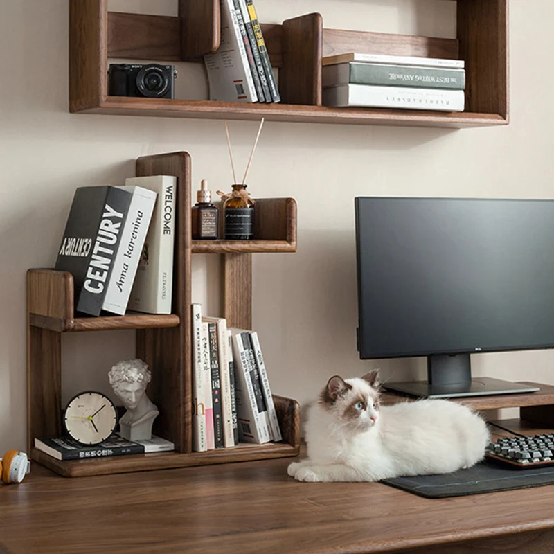 Contemporary Nordic Solid Wood Irregular Rectangular Desktop Bookshelf With 3-Tier Storage For Home Office & Bedroom