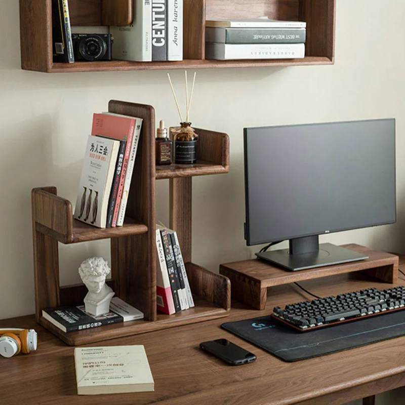 Contemporary Nordic Solid Wood Irregular Rectangular Desktop Bookshelf With 3-Tier Storage For Home Office & Bedroom
