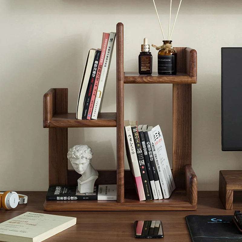 Contemporary Nordic Solid Wood Irregular Rectangular Desktop Bookshelf With 3-Tier Storage For Home Office & Bedroom