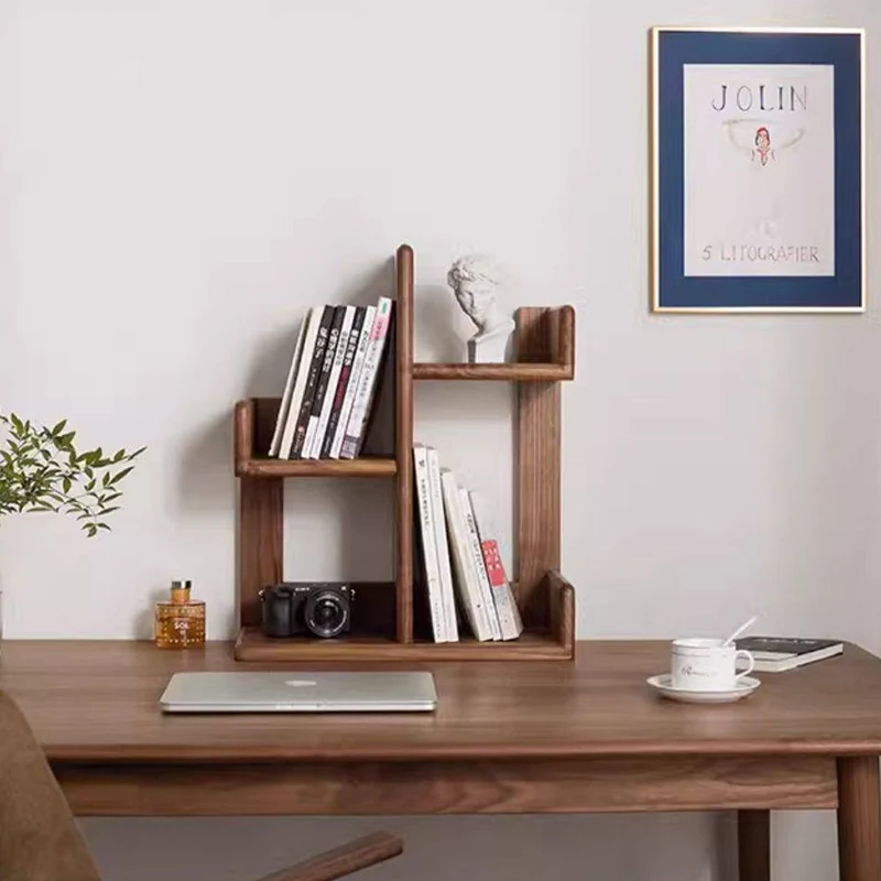 Contemporary Nordic Solid Wood Irregular Rectangular Desktop Bookshelf With 3-Tier Storage For Home Office & Bedroom