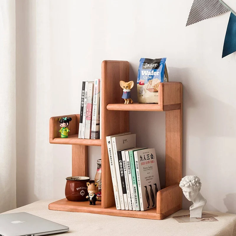 Contemporary Nordic Solid Wood Irregular Rectangular Desktop Bookshelf With 3-Tier Storage For Home Office & Bedroom