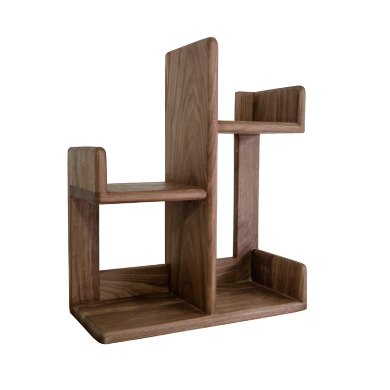 Contemporary Nordic Solid Wood Irregular Rectangular Desktop Bookshelf With 3-Tier Storage For Home Office & Bedroom