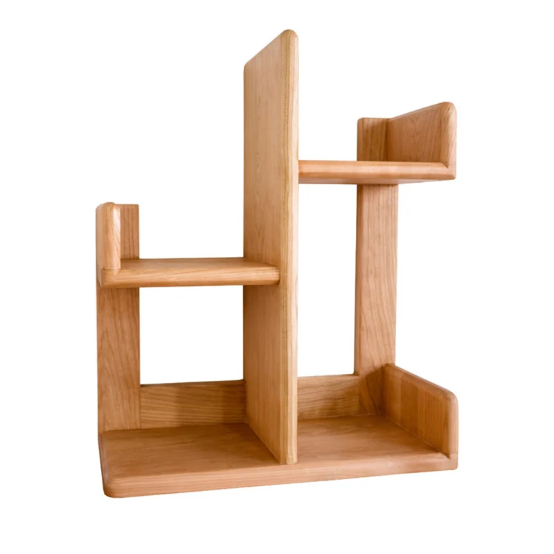 Contemporary Nordic Solid Wood Irregular Rectangular Desktop Bookshelf With 3-Tier Storage For Home Office & Bedroom