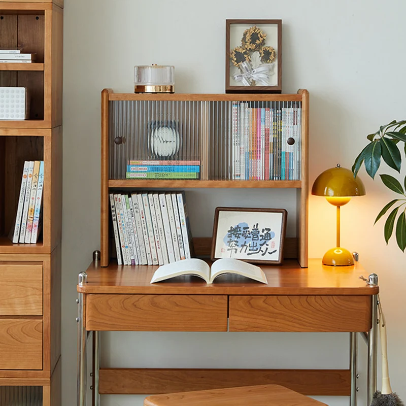 Modern Minimalist North American Cherry Wood Glass Rectangular Desktop Bookshelf With 2-Tier Storage & Enclosed Sliding Doors For Home Office & Bedroom