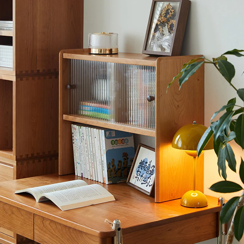 Modern Minimalist North American Cherry Wood Glass Rectangular Desktop Bookshelf With 2-Tier Storage & Enclosed Sliding Doors For Home Office & Bedroom