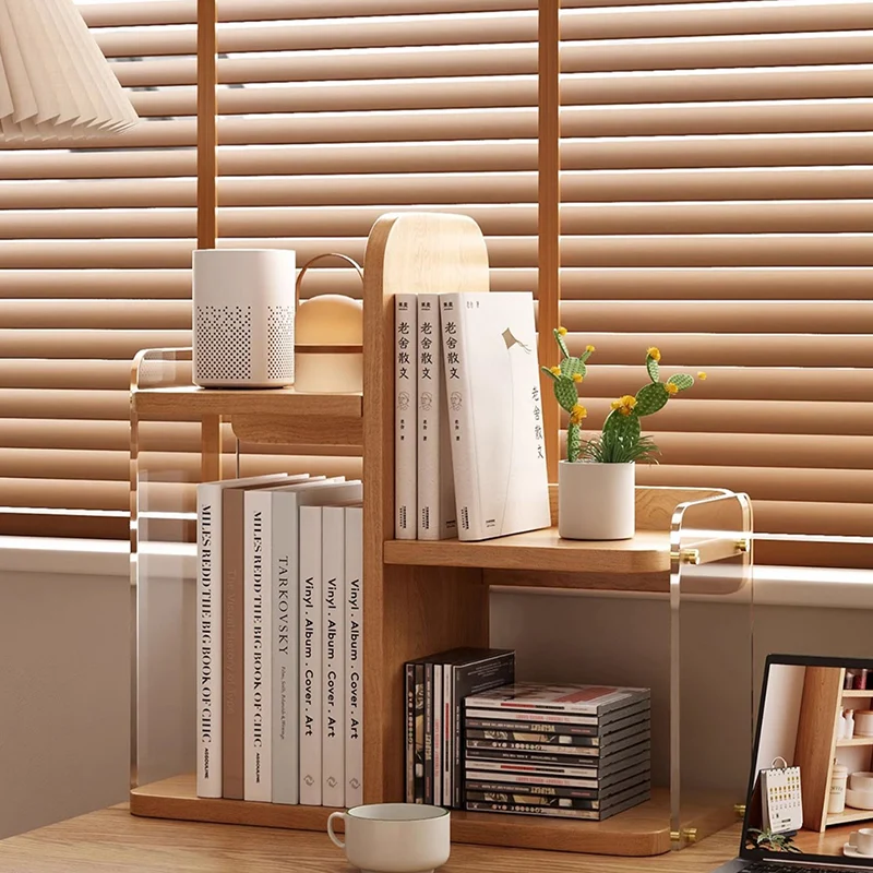 Modern Minimalist Engineered Wood & Acrylic Rounded Rectangular Desktop Bookshelf With 3-Tier Storage For Home Office & Bedroom
