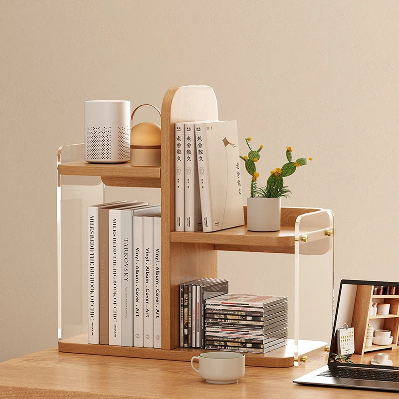 Modern Minimalist Engineered Wood & Acrylic Rounded Rectangular Desktop Bookshelf With 3-Tier Storage For Home Office & Bedroom