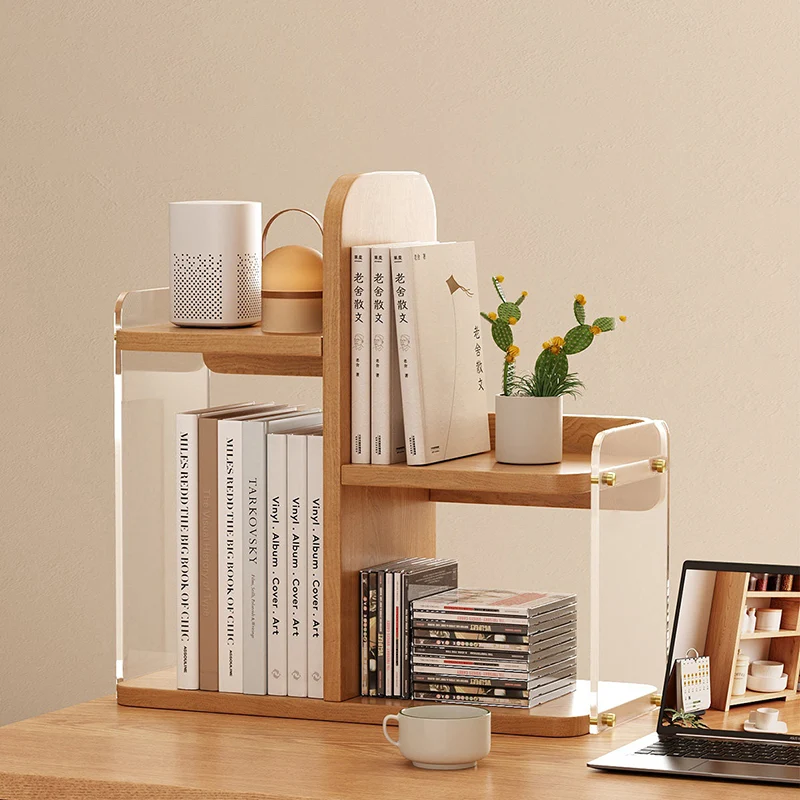 Modern Minimalist Engineered Wood & Acrylic Rounded Rectangular Desktop Bookshelf With 3-Tier Storage For Home Office & Bedroom