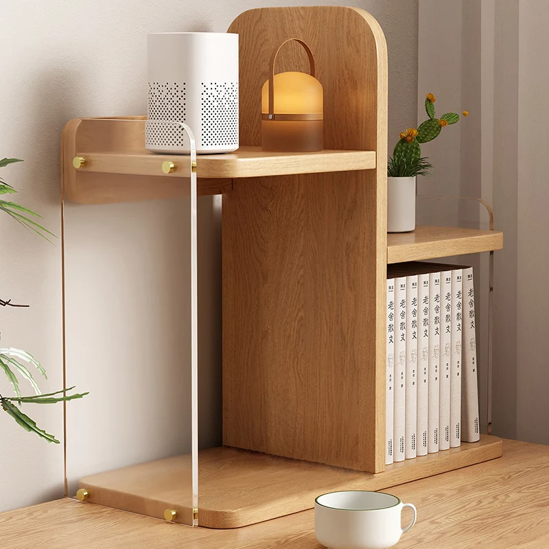 Modern Minimalist Engineered Wood & Acrylic Rounded Rectangular Desktop Bookshelf With 3-Tier Storage For Home Office & Bedroom