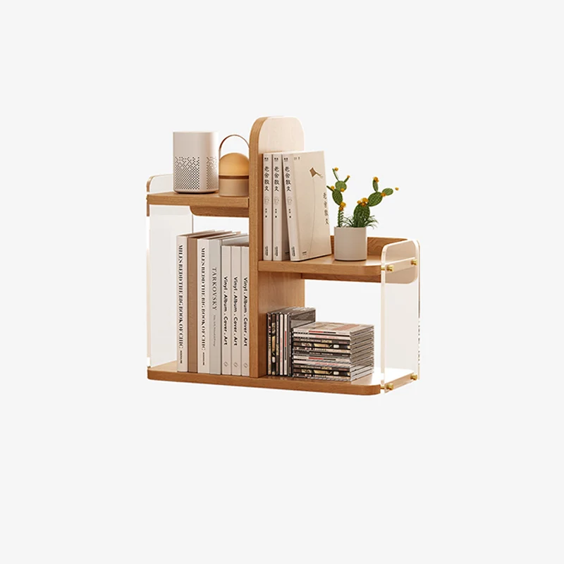 Modern Minimalist Engineered Wood & Acrylic Rounded Rectangular Desktop Bookshelf With 3-Tier Storage For Home Office & Bedroom
