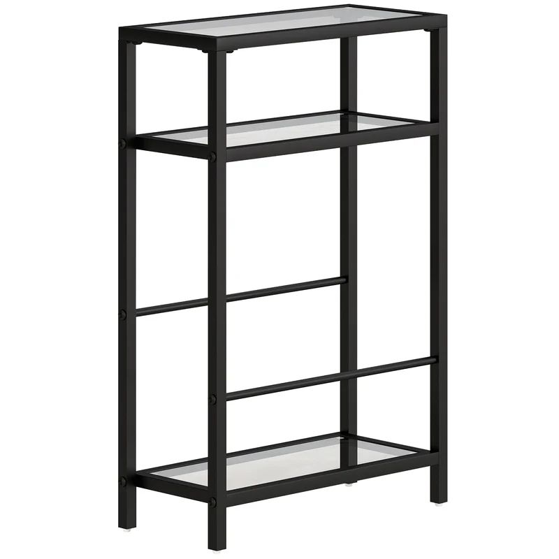 Estante de 3 níveis com prateleiras de vidro, 18 cm de largura, estrutura de aço, travessas, preto