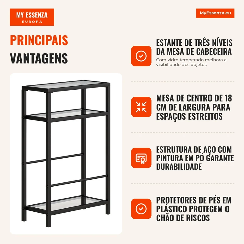 Estante de 3 níveis com prateleiras de vidro, 18 cm de largura, estrutura de aço, travessas, preto