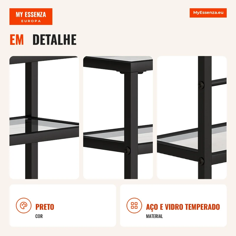 Estante de 3 níveis com prateleiras de vidro, 18 cm de largura, estrutura de aço, travessas, preto