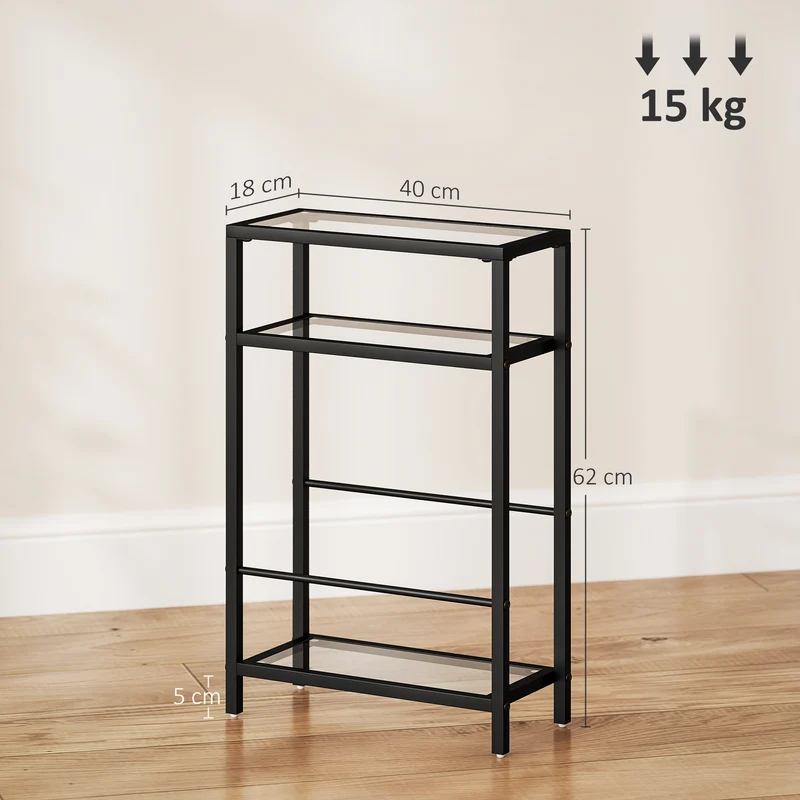 Estante de 3 níveis com prateleiras de vidro, 18 cm de largura, estrutura de aço, travessas, preto