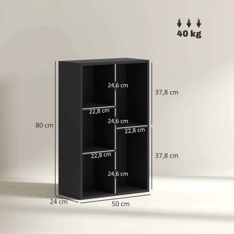 Estante de Arrumação com 5 Compartimentos para Sala Quarto Escritório 50x24x80 cm Preto