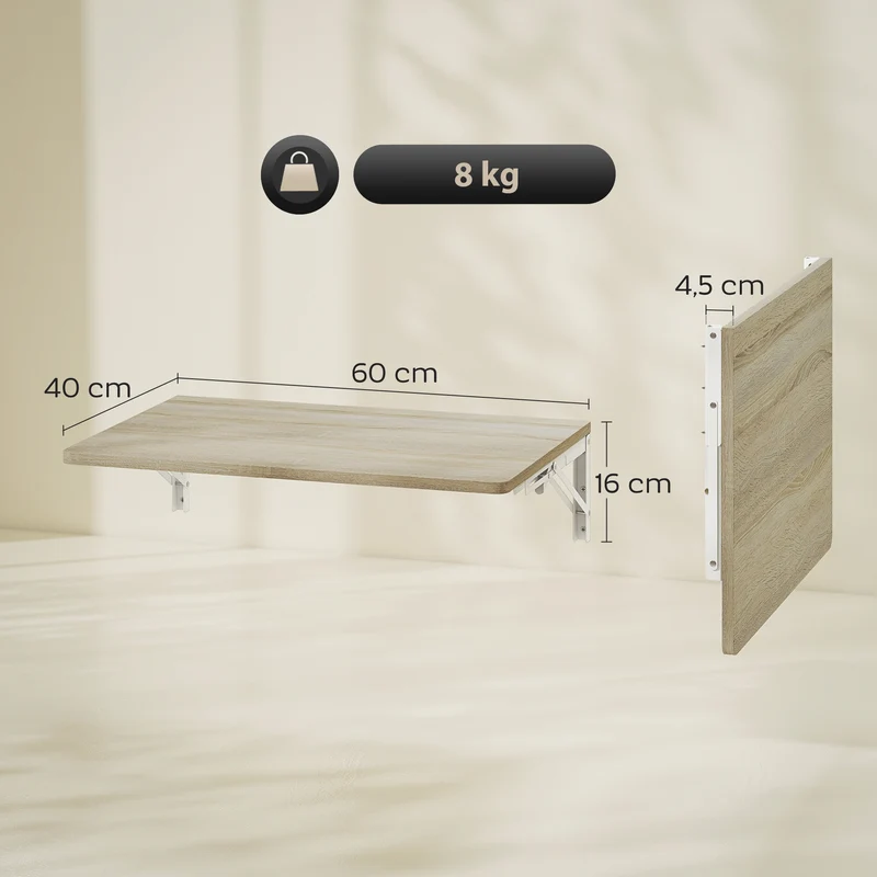 Mesa Dobrável de Parede, 60x40 cm, Secretária Suspensa que Poupa Espaço com Cantos Arredondados, para Home Office, Sala, Quarto, Cozinha, Carvalho