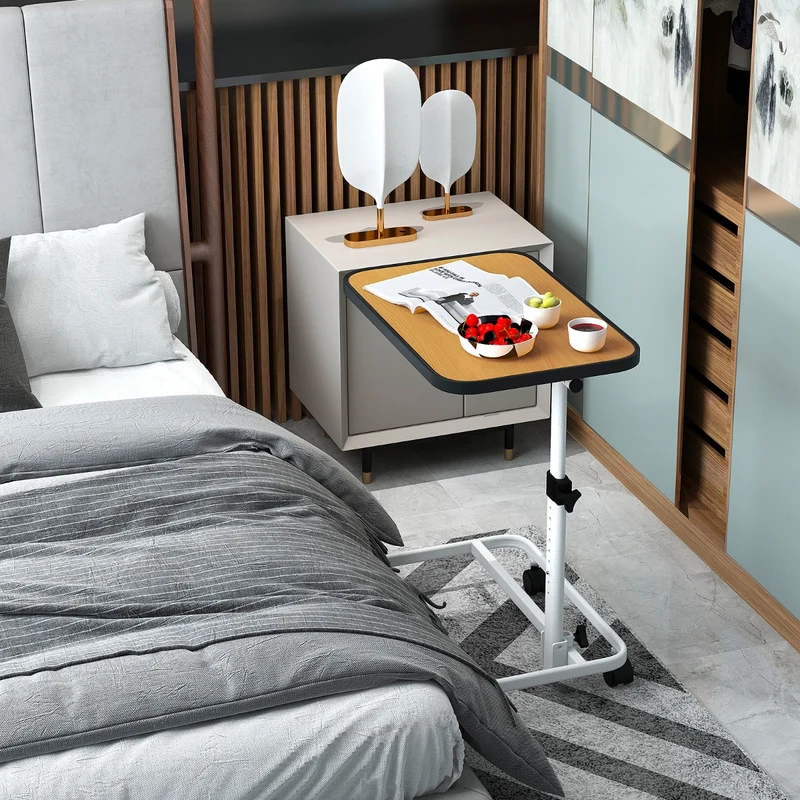 Mesa auxiliar com rodas e altura ajustável para cama e sofá – Natural