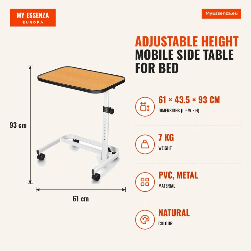 Mesa auxiliar com rodas e altura ajustável para cama e sofá – Natural