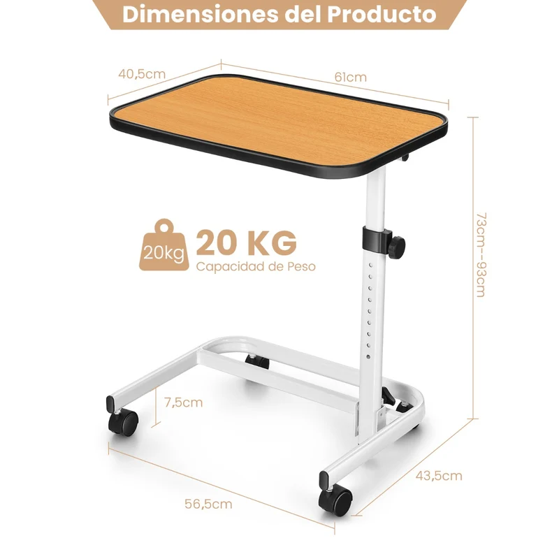 Mesa auxiliar com rodas e altura ajustável para cama e sofá – Natural