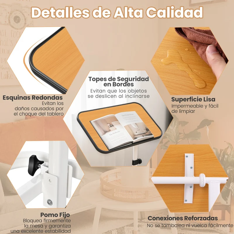 Mesa auxiliar com rodas e altura ajustável para cama e sofá – Natural