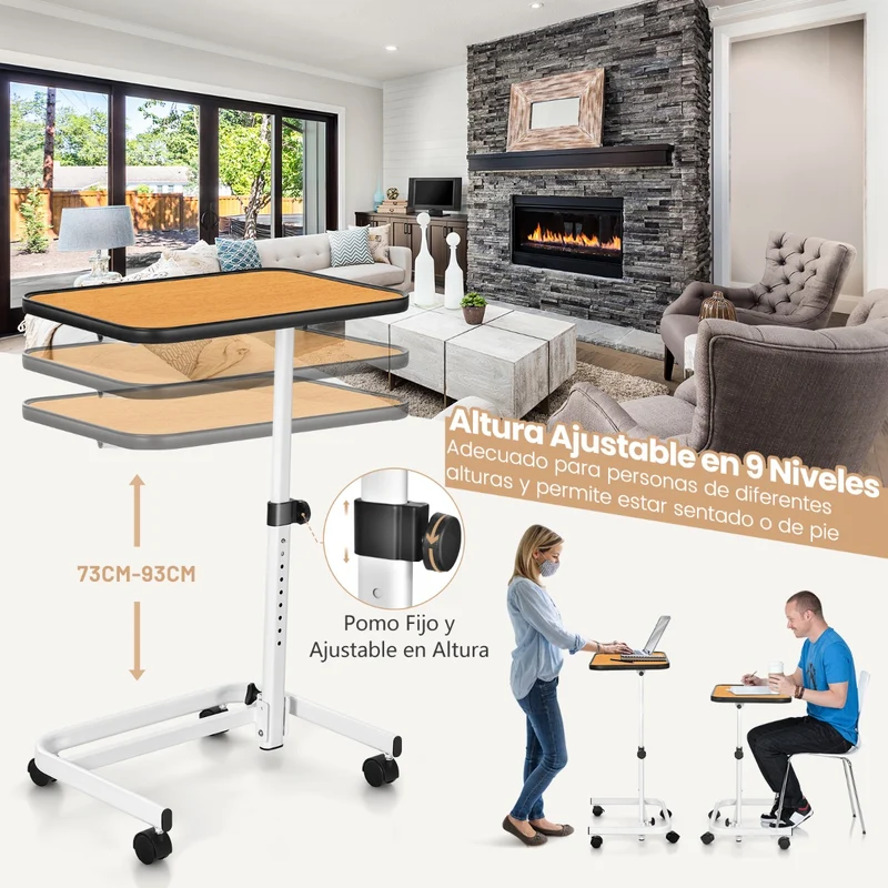 Mesa auxiliar com rodas e altura ajustável para cama e sofá – Natural
