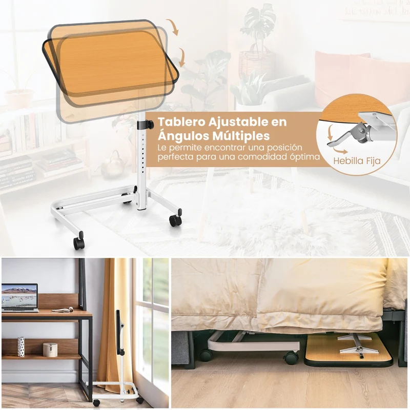 Mesa auxiliar com rodas e altura ajustável para cama e sofá – Natural