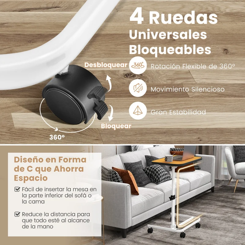 Mesa auxiliar com rodas e altura ajustável para cama e sofá – Natural