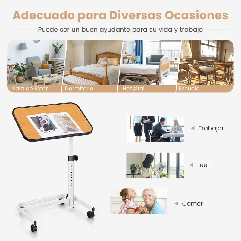 Mesa auxiliar com rodas e altura ajustável para cama e sofá – Natural