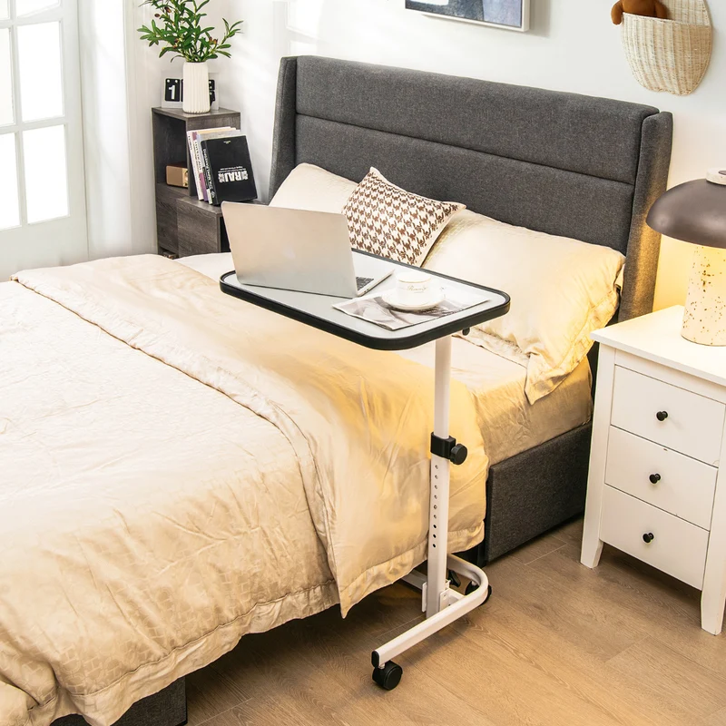 Mesa auxiliar com rodas e altura ajustável para cama e sofá – Branco