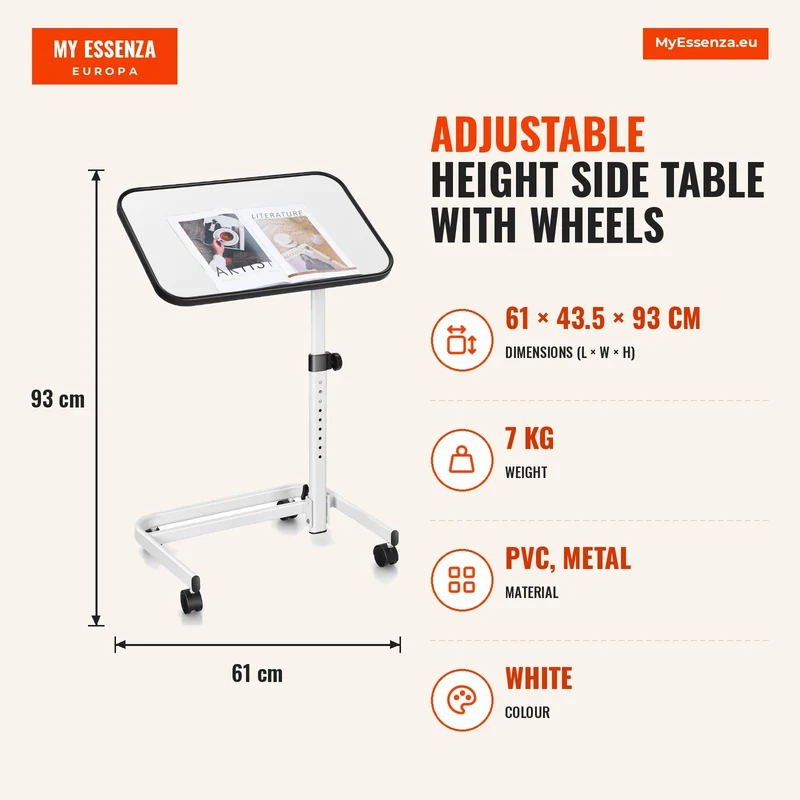 Mesa auxiliar com rodas e altura ajustável para cama e sofá – Branco