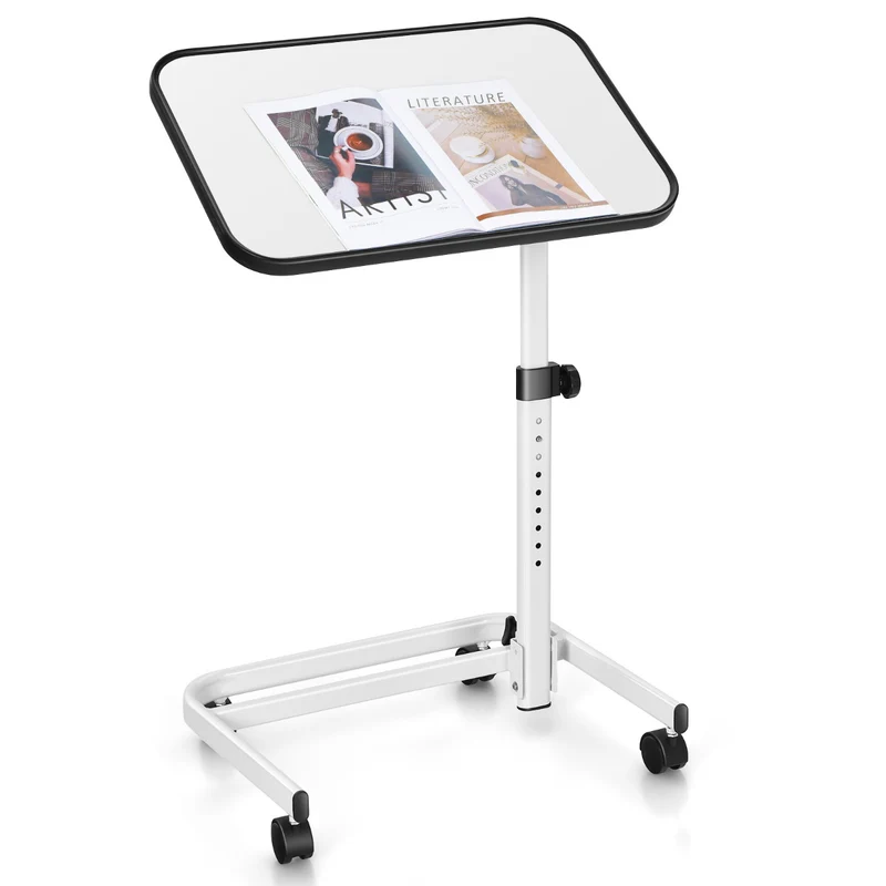 Mesa auxiliar com rodas e altura ajustável para cama e sofá – Branco