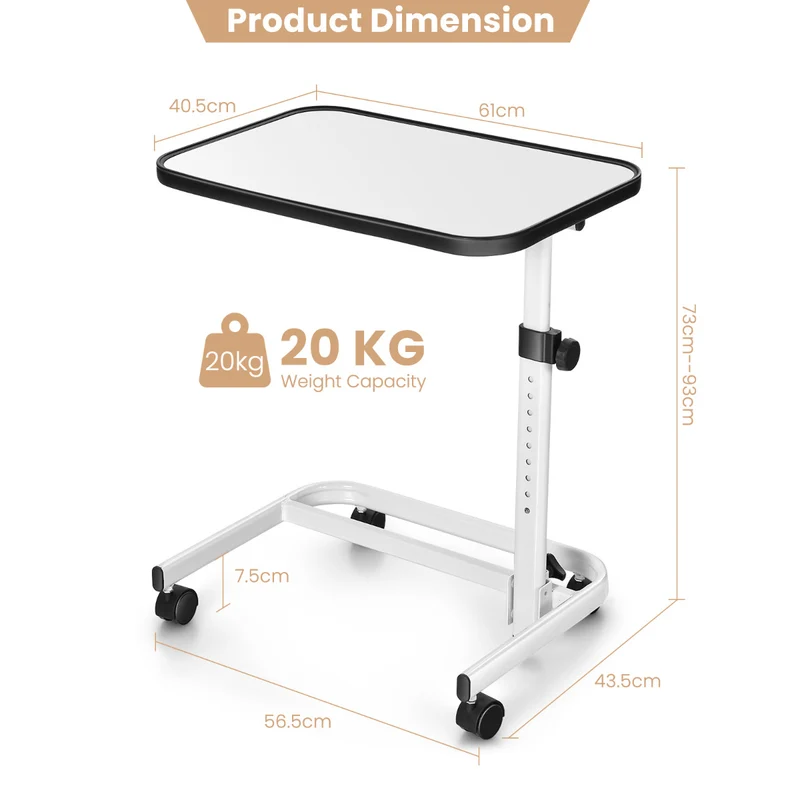 Mesa auxiliar com rodas e altura ajustável para cama e sofá – Branco