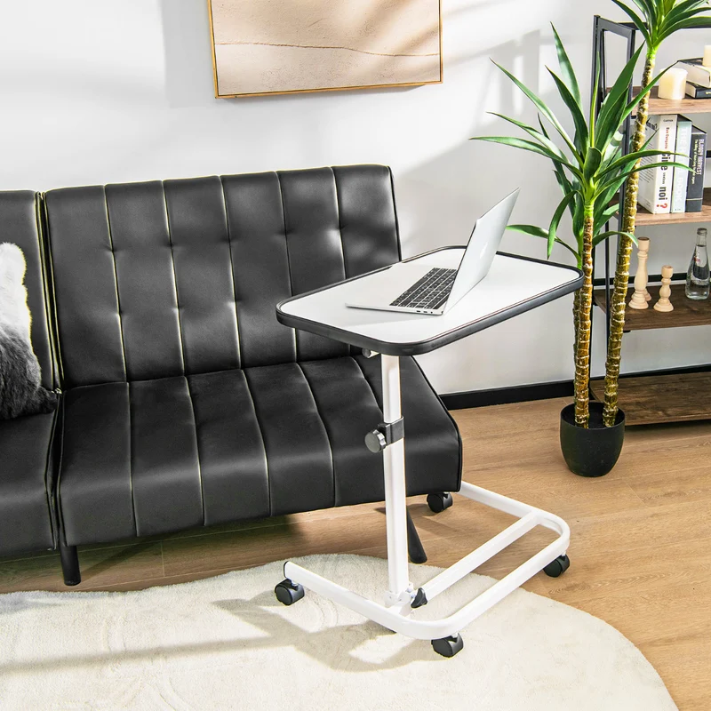 Mesa auxiliar com rodas e altura ajustável para cama e sofá – Branco