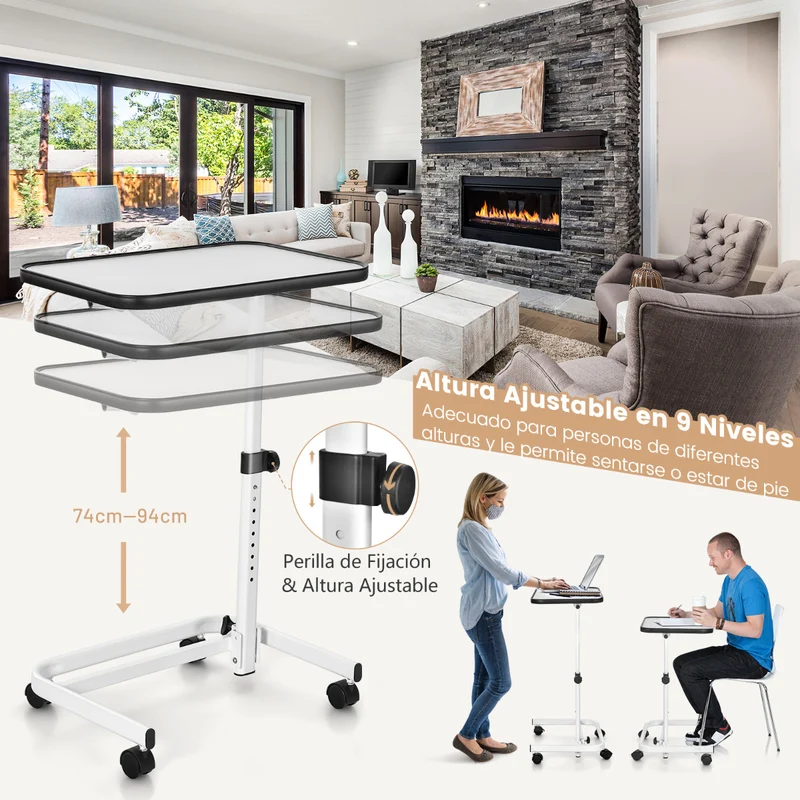 Mesa auxiliar com rodas e altura ajustável para cama e sofá – Branco