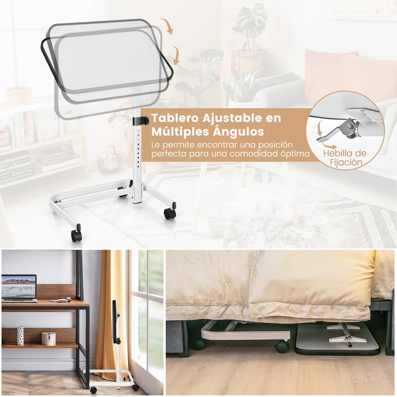 Mesa auxiliar com rodas e altura ajustável para cama e sofá – Branco