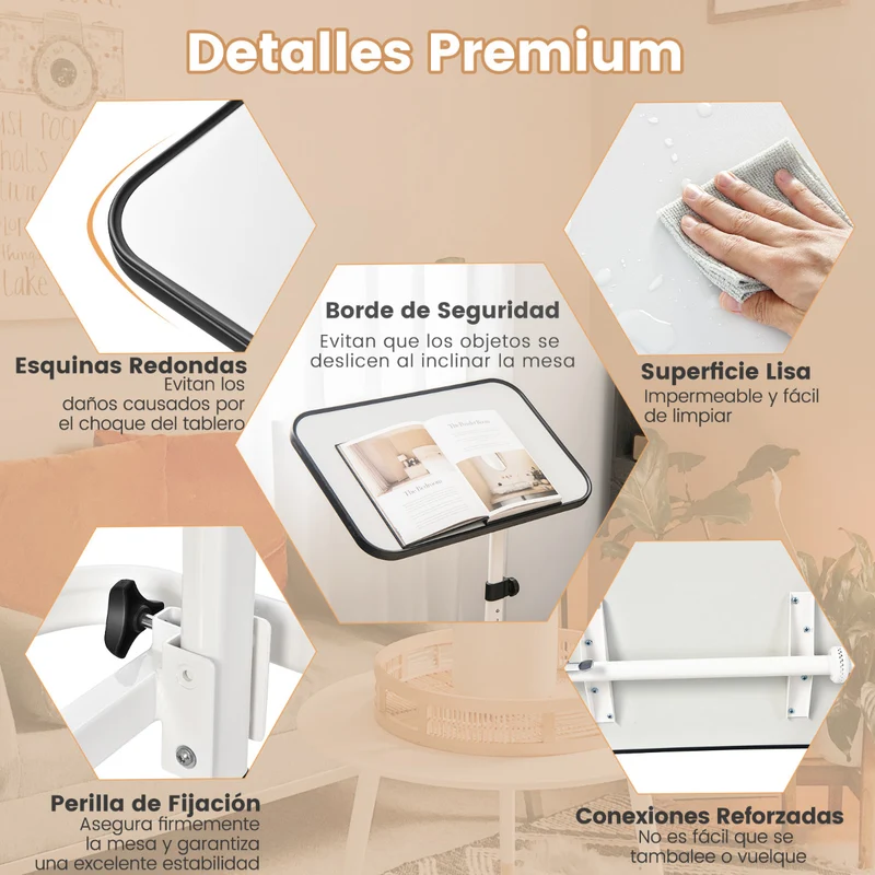 Mesa auxiliar com rodas e altura ajustável para cama e sofá – Branco
