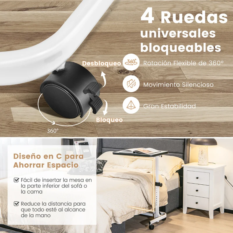 Mesa auxiliar com rodas e altura ajustável para cama e sofá – Branco