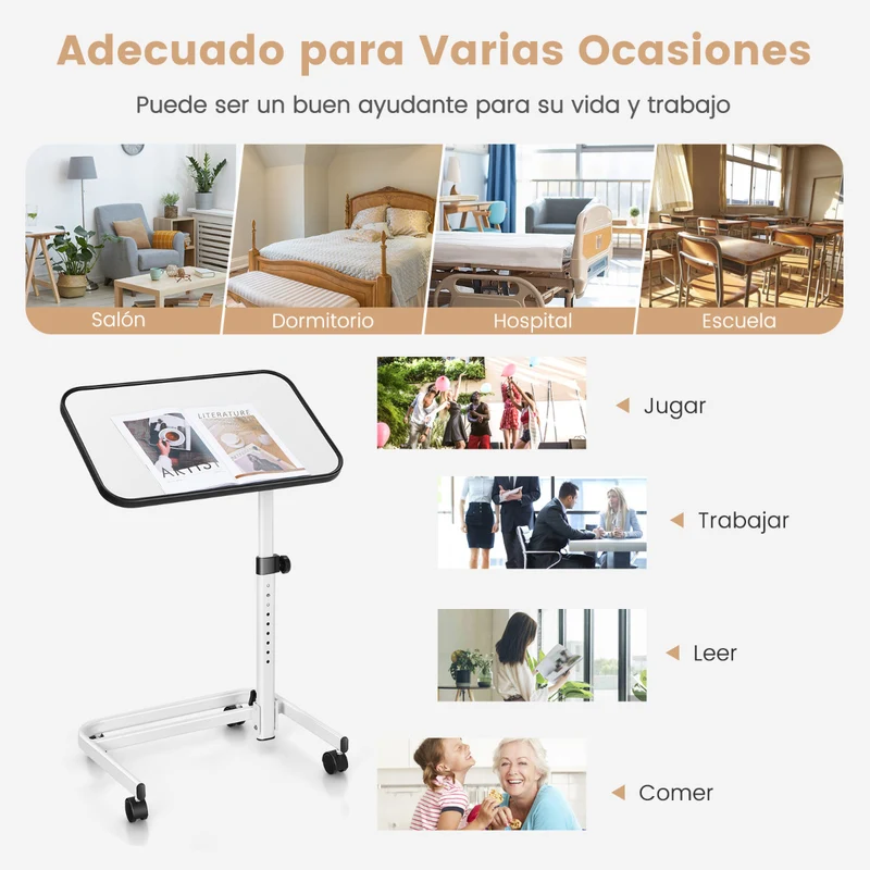 Mesa auxiliar com rodas e altura ajustável para cama e sofá – Branco