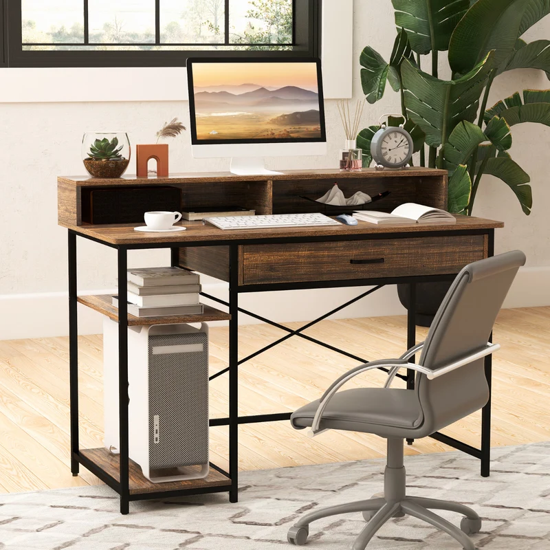 Mesa de Escritório com Suporte para Monitor - Gaveta e Prateleiras - 120x56x90,5cm Castanho