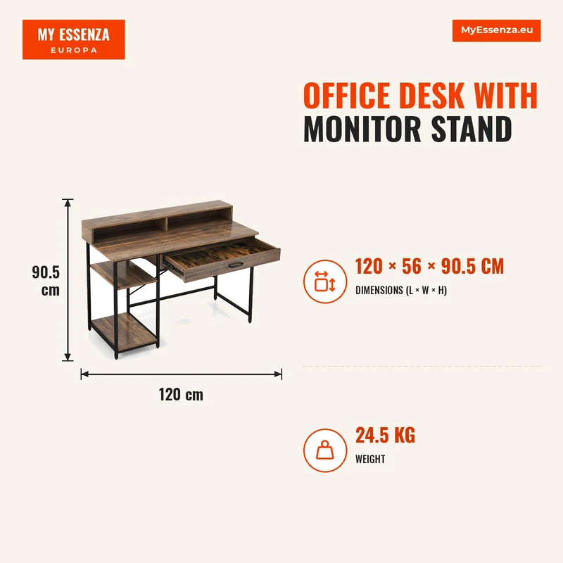 Mesa de Escritório com Suporte para Monitor - Gaveta e Prateleiras - 120x56x90,5cm Castanho