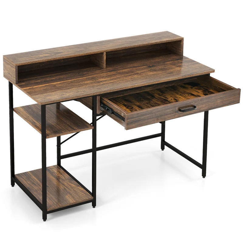 Mesa de Escritório com Suporte para Monitor - Gaveta e Prateleiras - 120x56x90,5cm Castanho