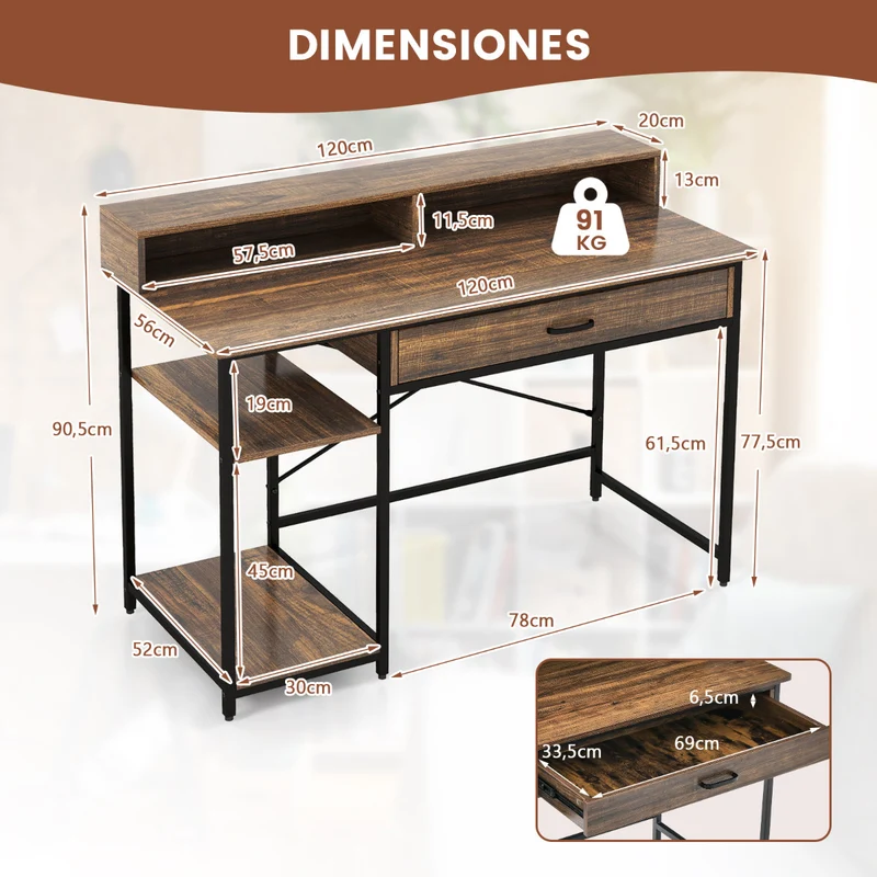 Mesa de Escritório com Suporte para Monitor - Gaveta e Prateleiras - 120x56x90,5cm Castanho